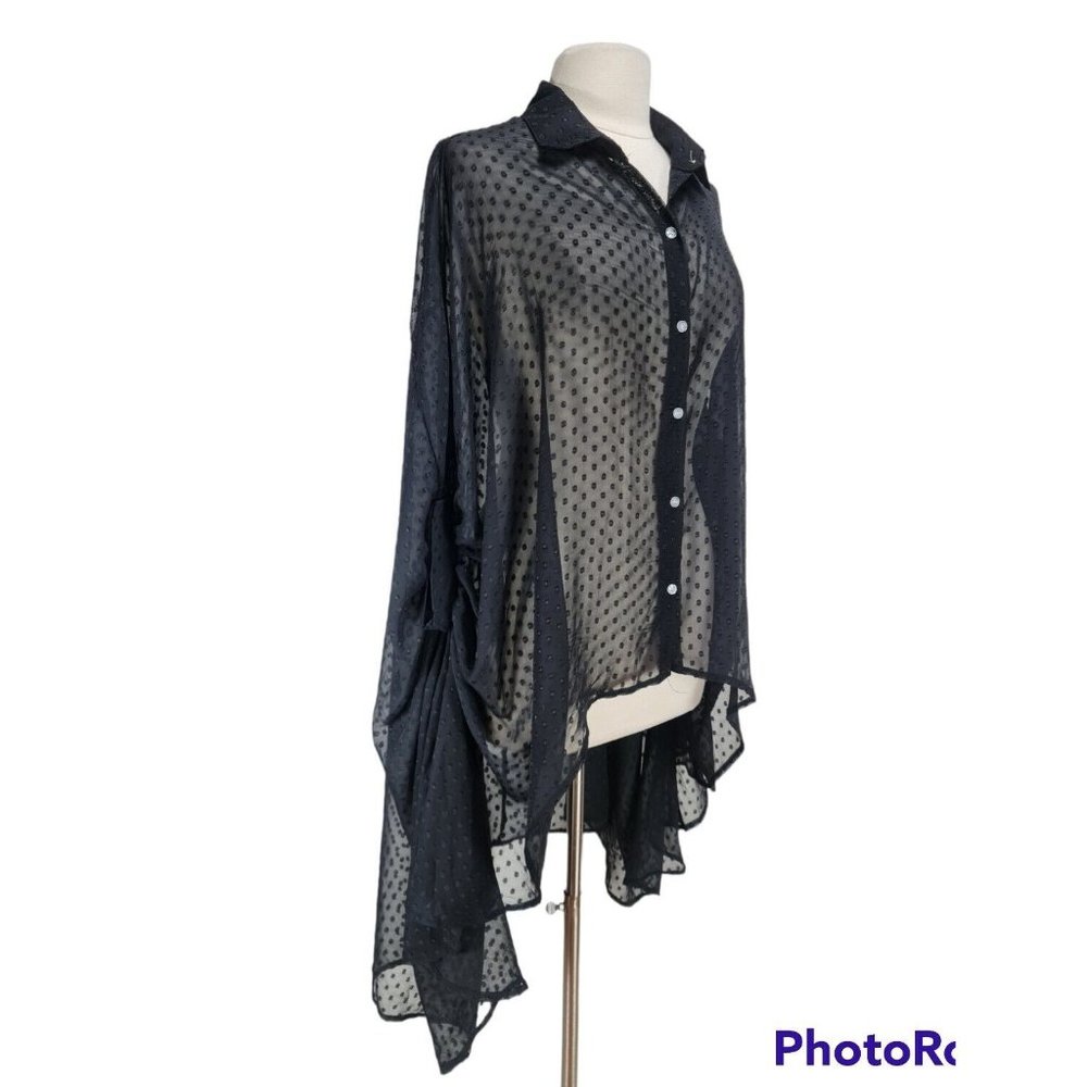 boohoo Women Sz 10 Boho Button Up Hight Low Blouse Black Chiffon No Camisole A6P - Picture 2 of 6